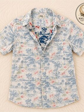 Free Planet Men’s Tropical Palm Button Down Shirt Large Cotton Blend Stretch